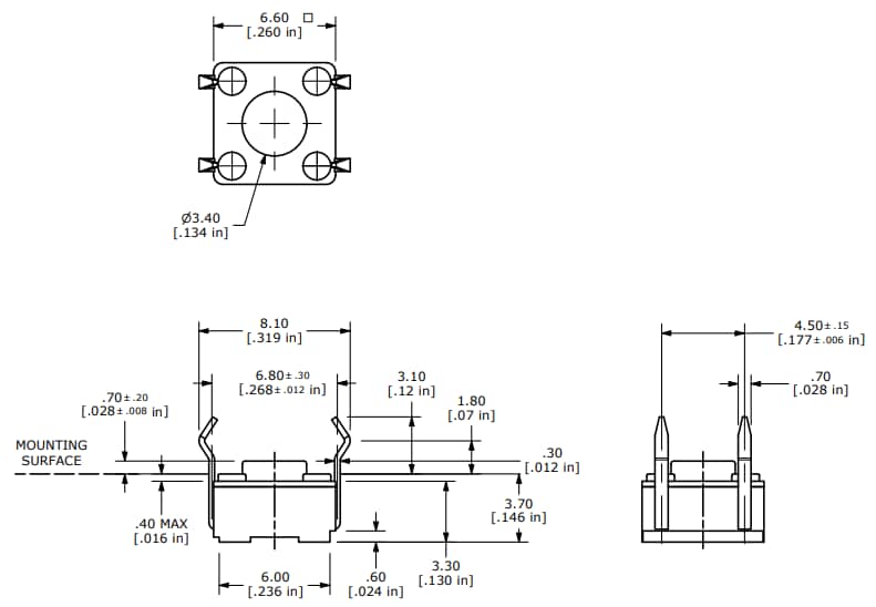 Mechanical Drawing - E-Switch RT1105 Reverse Through-hole Mounted Tact Switches